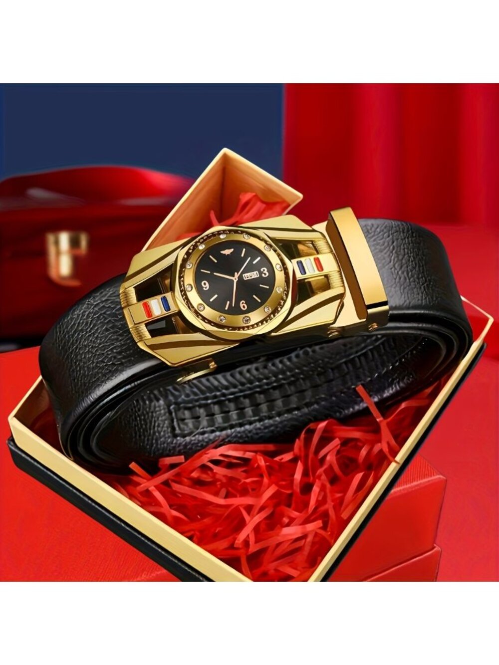 Elegant Fashion Men Ratchet Gold Buckle Belt PU Leather Black Length 50.5 in new